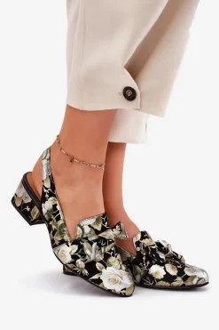 Skórzane Czółenka W Kwiaty Z Kokardą N6539-44 Czarne