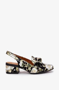 Skórzane Czółenka W Kwiaty Z Kokardą N6539-44 Czarne