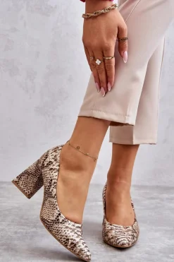 Skórzane Czółenka W Wężowy Wzór Lewski Shoes 3277 Beżowo-Złote