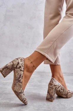 Skórzane Czółenka W Wężowy Wzór Lewski Shoes 3277 Beżowo-Złote