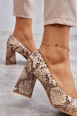 Skórzane Czółenka W Wężowy Wzór Lewski Shoes 3277 Beżowo-Złote