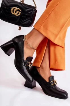 Skórzane Czółenka Z Łańcuchem Laura Messi 2515 Czarne