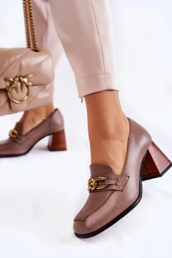 Skórzane Czółenka Z Łańcuchem Laura Messi 2514 Beżowe