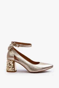 Skórzane Czółenka Z Kokardką Maciejka 05059-25 Złote
