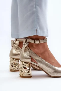 Skórzane Czółenka Z Kokardką Maciejka 05059-25 Złote