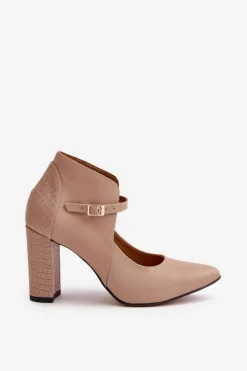 Skórzane Czółenka Z Noskami W Szpic Na Słupku Beżowe Laura Messi 2832