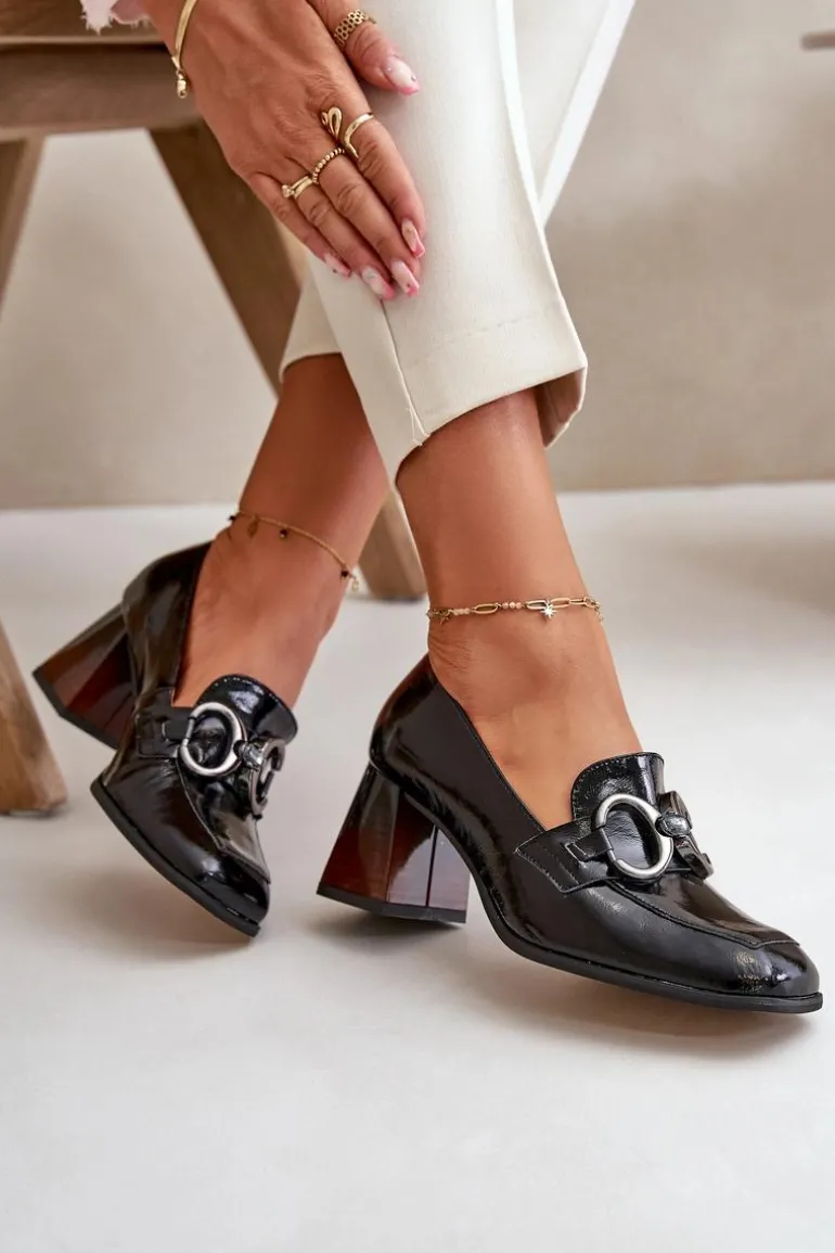 Skórzane Czółenka Z Ozdobą Czarne Laura Messi 2845