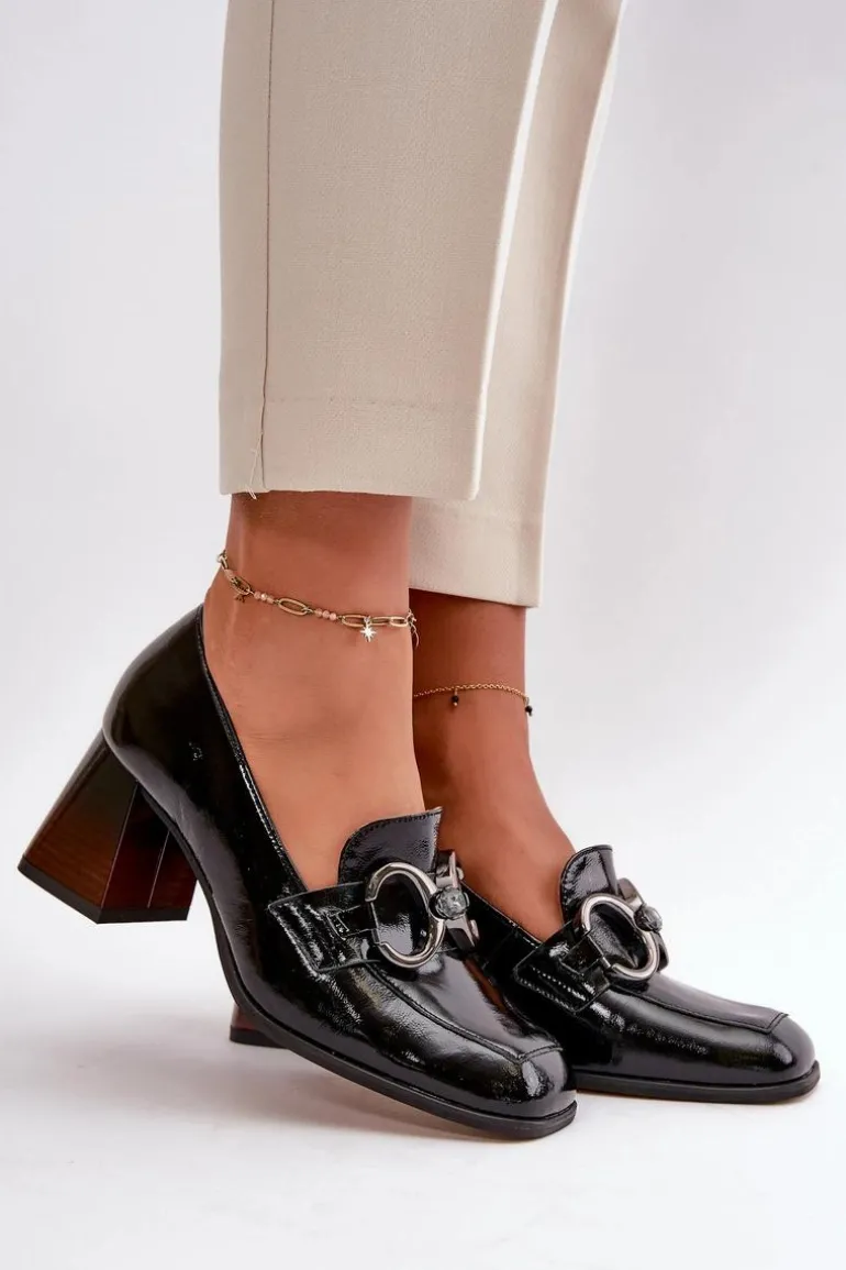 Skórzane Czółenka Z Ozdobą Czarne Laura Messi 2845