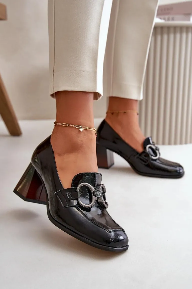 Skórzane Czółenka Z Ozdobą Czarne Laura Messi 2845