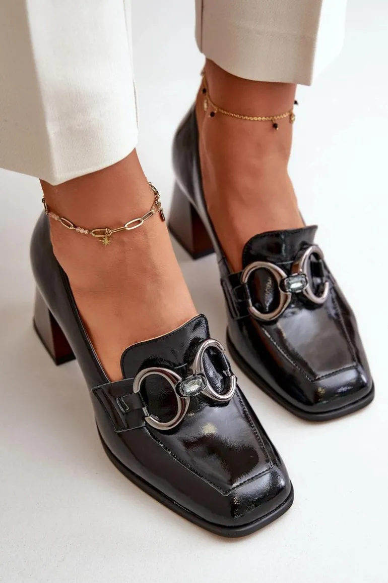 Skórzane Czółenka Z Ozdobą Czarne Laura Messi 2845