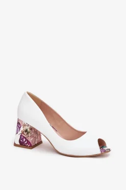 Skórzane Czółenka Z Ozdobnym Obcasem Lewski Shoes 2608/K Białe