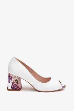 Skórzane Czółenka Z Ozdobnym Obcasem Lewski Shoes 2608/K Białe