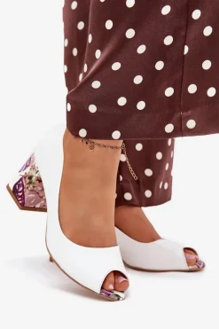 Skórzane Czółenka Z Ozdobnym Obcasem Lewski Shoes 2608/K Białe