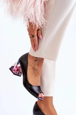 Skórzane Czółenka Z Ozdobnym Obcasem Lewski Shoes 2608/K Czarne