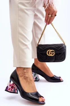 Skórzane Czółenka Z Ozdobnym Obcasem Lewski Shoes 2608/K Czarne