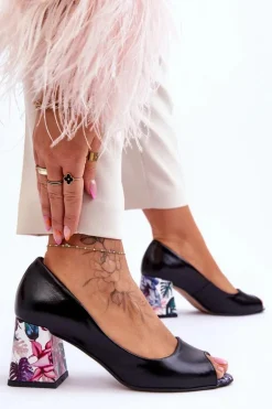 Skórzane Czółenka Z Ozdobnym Obcasem Lewski Shoes 2608/K Czarne