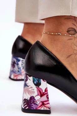 Skórzane Czółenka Z Ozdobnym Obcasem Lewski Shoes 2608/K Czarne