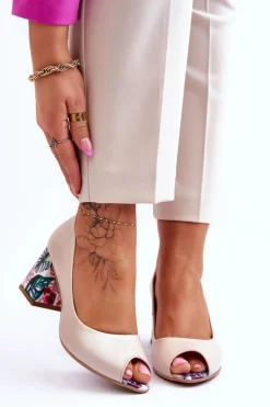 Skórzane Czółenka Z Ozdobnym Obcasem Lewski Shoes 2608/K Beżowy Perłowy