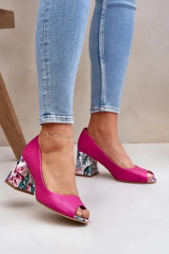 Skórzane Czółenka Z Ozdobnym Obcasem Lewski Shoes 2608/K Fuksja