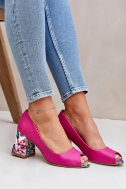 Skórzane Czółenka Z Ozdobnym Obcasem Lewski Shoes 2608/K Fuksja