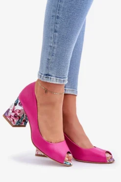 Skórzane Czółenka Z Ozdobnym Obcasem Lewski Shoes 2608/K Fuksja