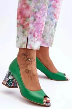 Skórzane Czółenka Z Ozdobnym Obcasem Lewski Shoes 2608/K Zielone