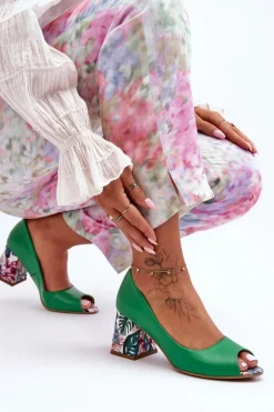 Skórzane Czółenka Z Ozdobnym Obcasem Lewski Shoes 2608/K Zielone