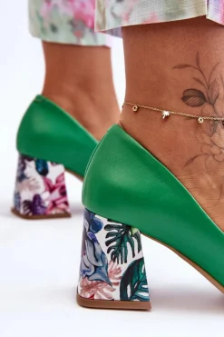 Skórzane Czółenka Z Ozdobnym Obcasem Lewski Shoes 2608/K Zielone