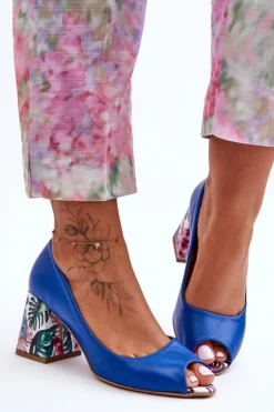 Skórzane Czółenka Z Ozdobnym Obcasem Lewski Shoes 2608/K Niebieskie