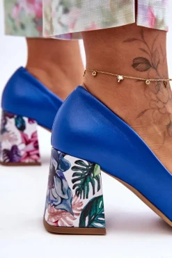 Skórzane Czółenka Z Ozdobnym Obcasem Lewski Shoes 2608/K Niebieskie