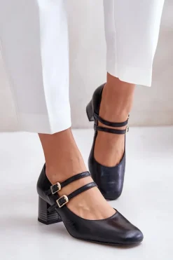 Skórzane Czółenka Z Paskami Na Słupku Laura Messi 2857 Czarne