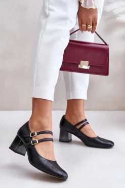 Skórzane Czółenka Z Paskami Na Słupku Laura Messi 2857 Czarne