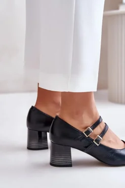 Skórzane Czółenka Z Paskami Na Słupku Laura Messi 2857 Czarne