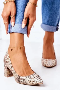 Skórzane Czółenka Z Wężowym Wzorem Lewski Shoes 2801 Złote