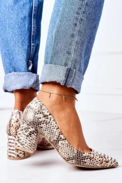 Skórzane Czółenka Z Wężowym Wzorem Lewski Shoes 2801 Złote