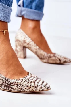 Skórzane Czółenka Z Wężowym Wzorem Lewski Shoes 2801 Złote