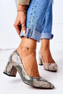 Skórzane Czółenka Ze Zwierzęcym Wzorem Lewski Shoes 2801 Czarno-Beżowe