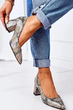 Skórzane Czółenka Ze Zwierzęcym Wzorem Lewski Shoes 2801 Czarno-Beżowe