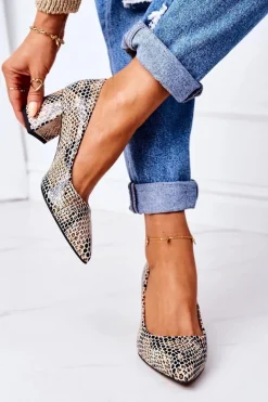 Skórzane Czółenka Ze Zwierzęcym Wzorem Lewski Shoes 2801 Czarno-Beżowe