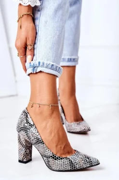 Skórzane Czółenka Ze Zwierzęcym Wzorem Lewski Shoes 2453 Czarno-Niebieskie