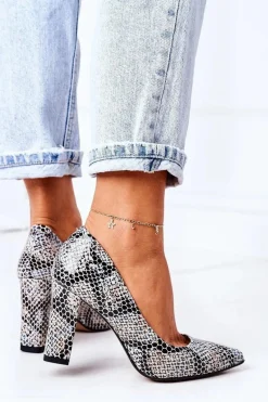 Skórzane Czółenka Ze Zwierzęcym Wzorem Lewski Shoes 2453 Czarno-Niebieskie