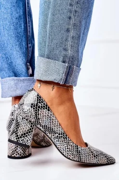 Skórzane Czółenka Ze Zwierzęcym Wzorem Lewski Shoes 2801 Czarno-Niebieskie