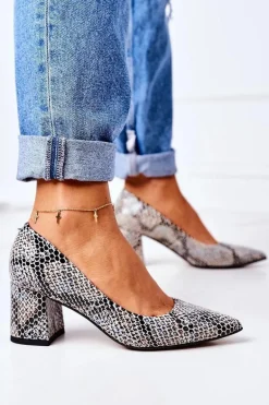 Skórzane Czółenka Ze Zwierzęcym Wzorem Lewski Shoes 2801 Czarno-Niebieskie