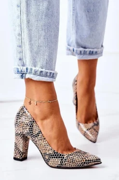 Skórzane Czółenka Ze Zwierzęcym Wzorem Lewski Shoes 2453 Czarno-Beżowe