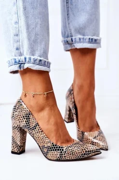 Skórzane Czółenka Ze Zwierzęcym Wzorem Lewski Shoes 2453 Czarno-Beżowe