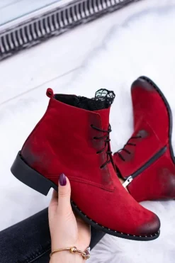 Skórzane Czerwone Damskie Botki Z Koronką Millano