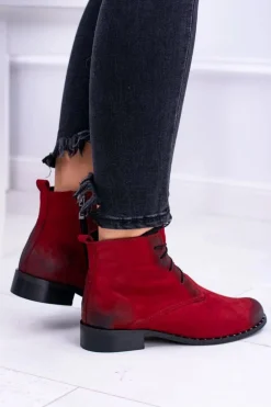Skórzane Czerwone Damskie Botki Z Koronką Millano