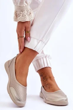 Skórzane Damskie Ażurowe Baleriny Beżowe Lucy