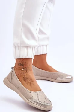 Skórzane Damskie Ażurowe Baleriny Beżowe Lucy
