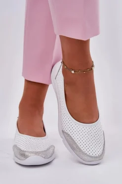 Skórzane Damskie Ażurowe Baleriny Białe Lucy